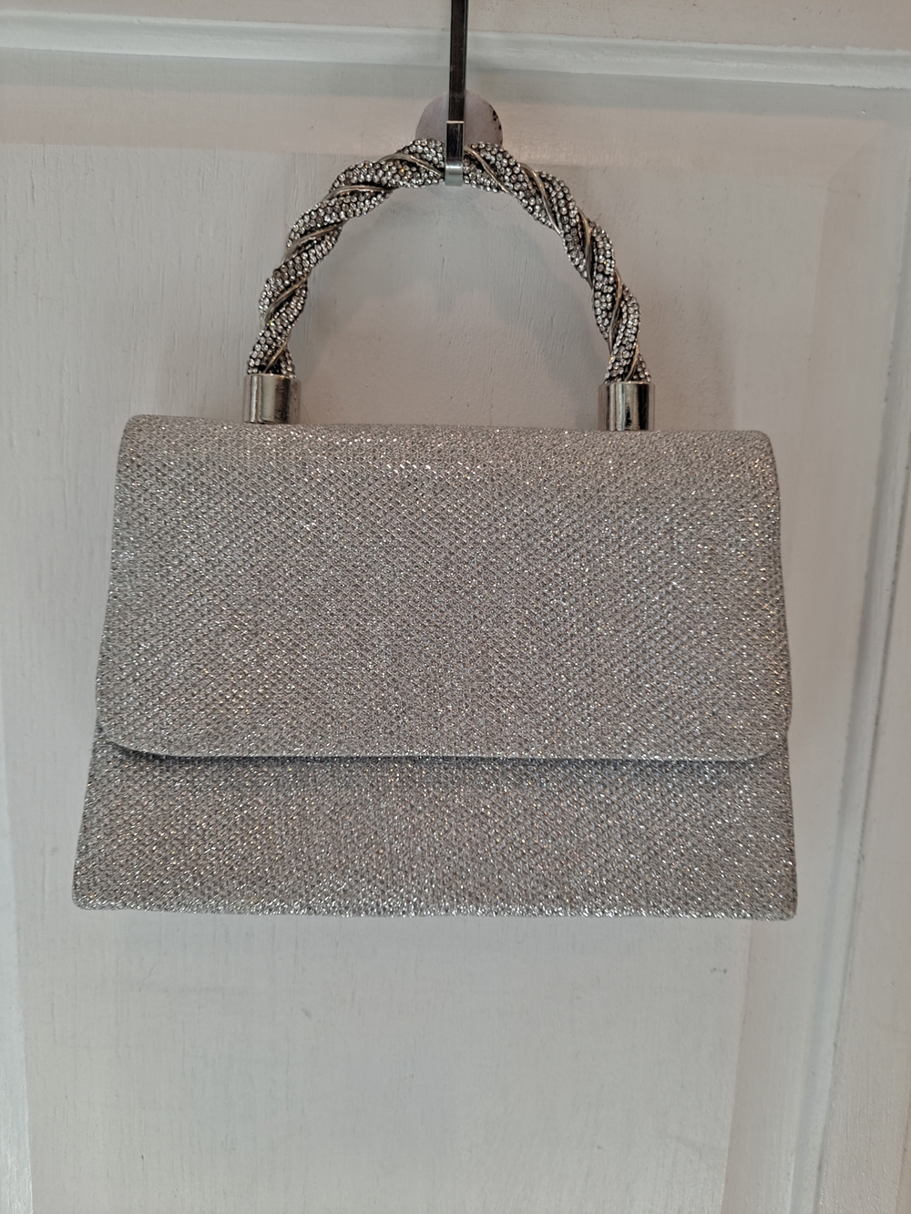 Silver Glitter Twill Knit Metal Twist  Rhinestone Top-Handle Crossbody Evening